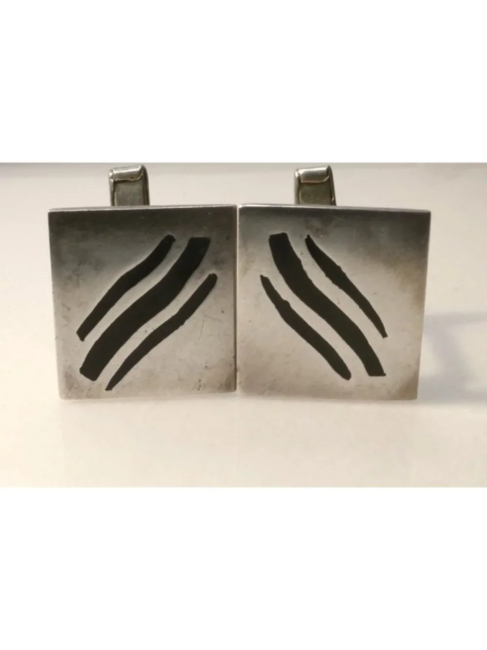 Signed Vintage Taxco Mexican Sterling Silver Square Minimalist Enamel Cufflinks